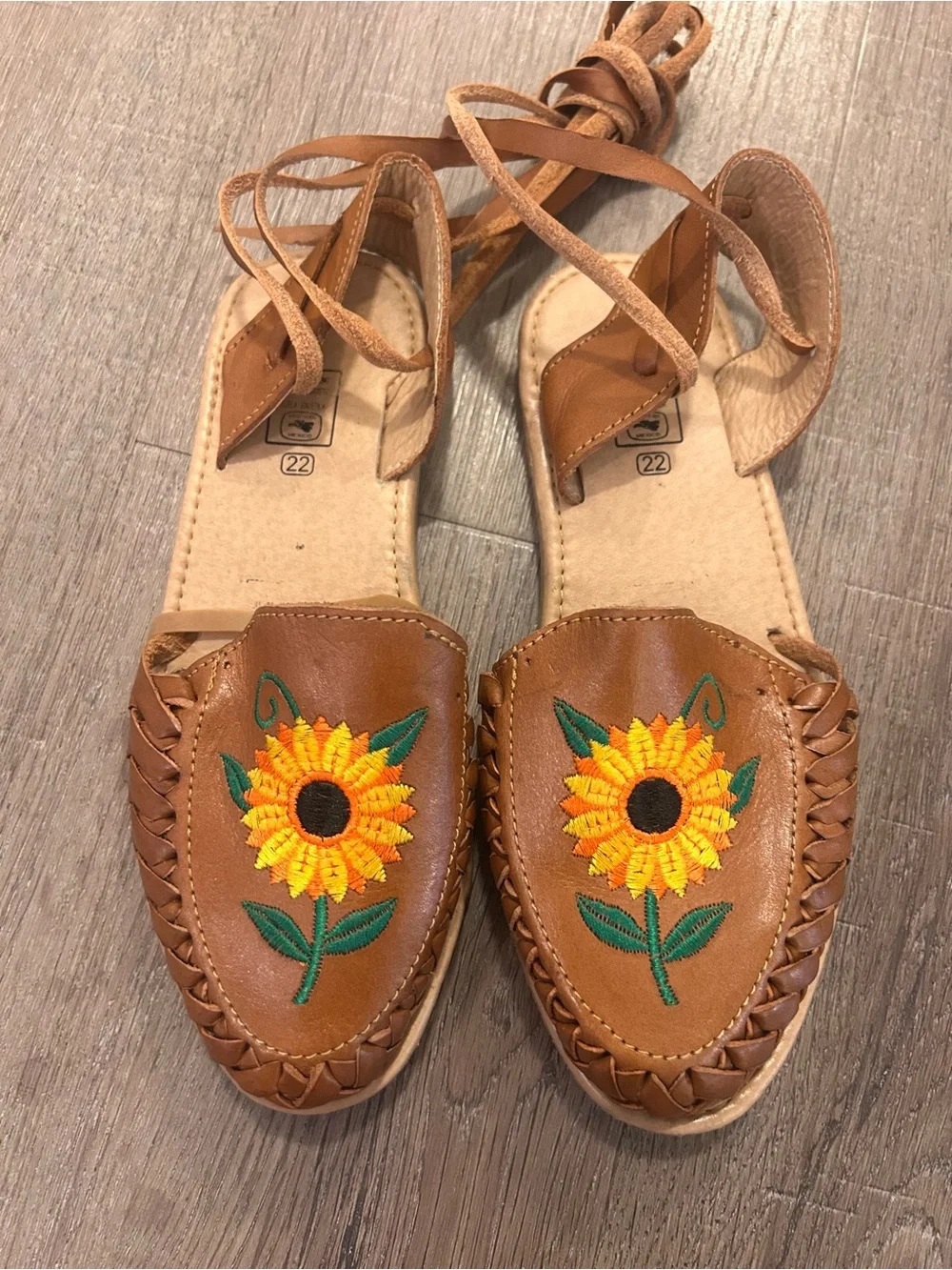 Nuez Mexican Huarache Sandals Womens Size 5 Brown Sunflower Lace-Up